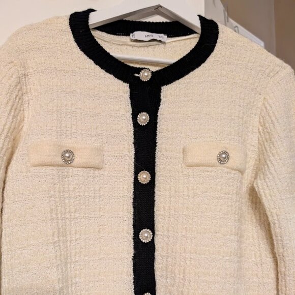 Mango MNG Pocket Tweed Cardigan Sweater Large Off White Black Cotton Blend EUC - Picture 5 of 15